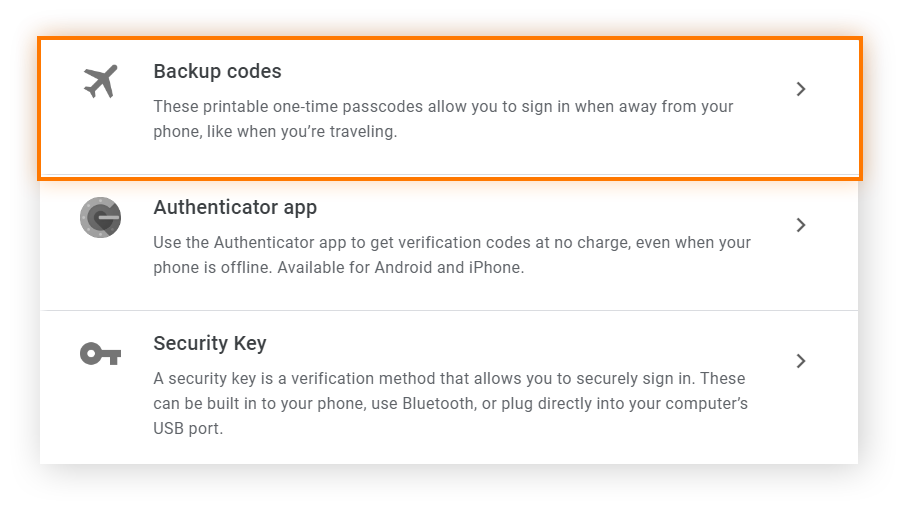 Google 帐户的双步骤验证部分中的 2FA 安全选项