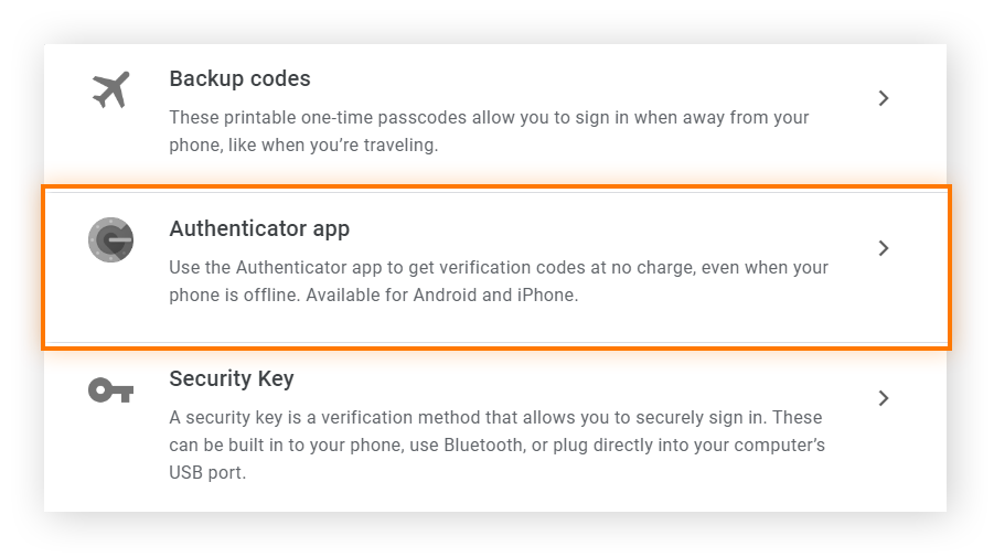 Google 帐户的双步骤验证部分中的验证选项