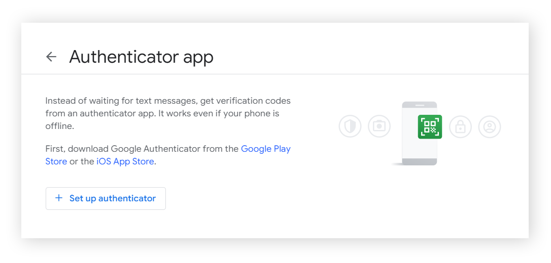 Google 帐户中的认证器应用设置页面