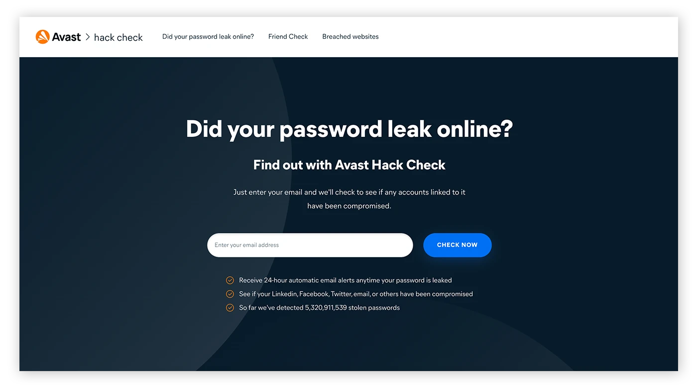 Avast Hack Check是检查你个人数据是否被曝光的免费工具。